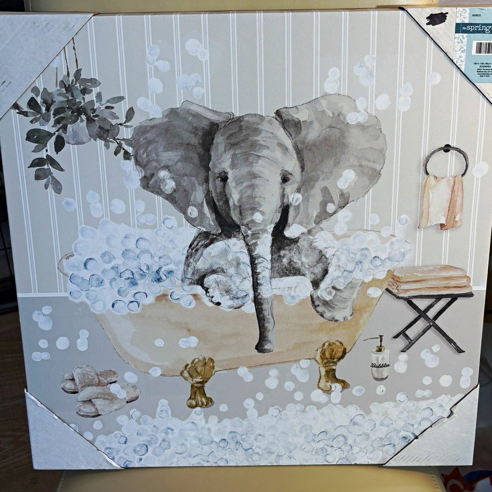 The Spring Shop Elephant in Bathtub Canvas Print 18x18 Gray White Striped